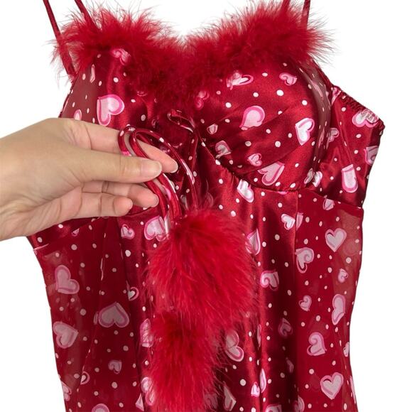 Red Satin Heart Print Feather Babydoll Nightie L Lovecore Pink Girly - Picture 3 of 7